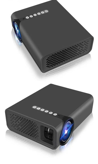 White portable home projector displaying 138-inch image with remote control and connectivity cables