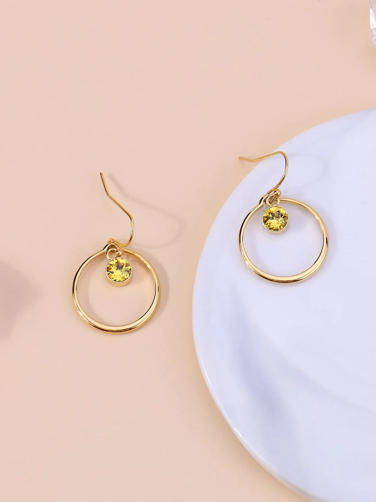 Titanium steel circle earrings with zirconia inlays, gold tone, unisex U-shape geometric and zodiac styles