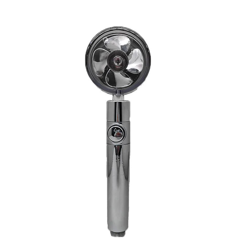Chrome-finished ABS plastic water-saving shower head with a round, rotating spray head.