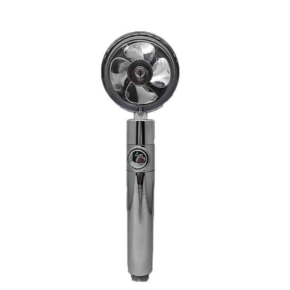 Chrome-finished ABS plastic water-saving shower head with a round, rotating spray head.
