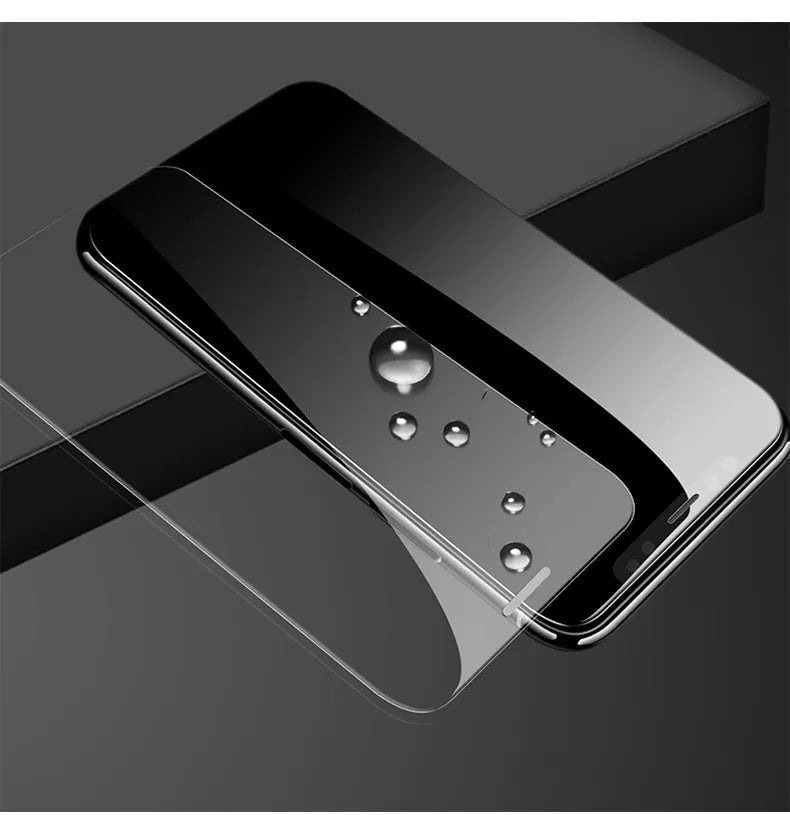 Tempered glass screen protector for Samsung smartphones showing HD clarity and fullscreen coverage