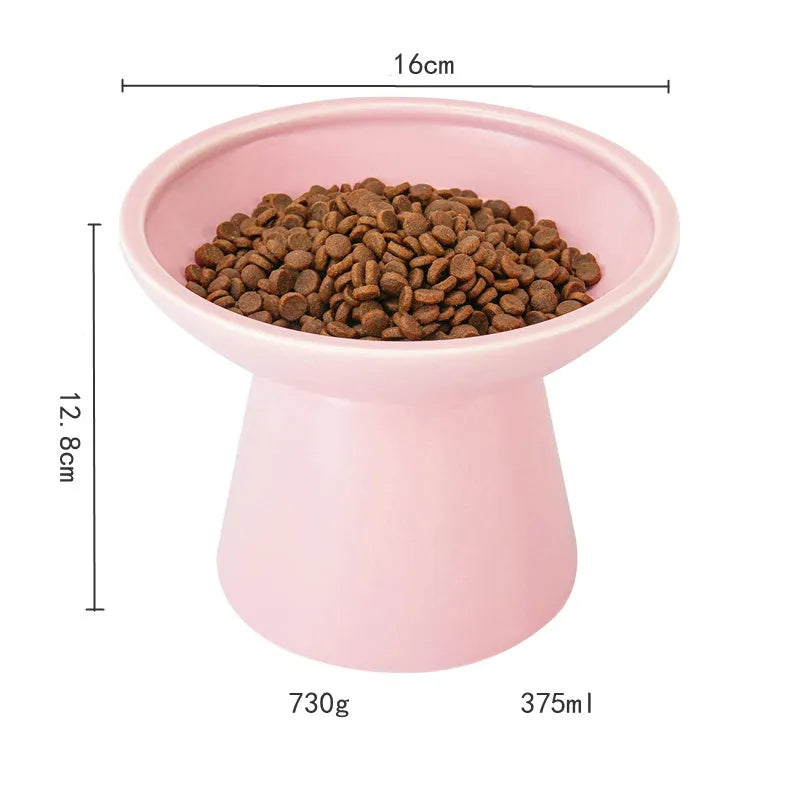 Elevated wide shallow ceramic cat food and water bowl in blue, green, pink, or white colour options.