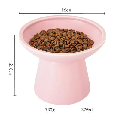 Elevated wide shallow ceramic cat food and water bowl in blue, green, pink, or white colour options.