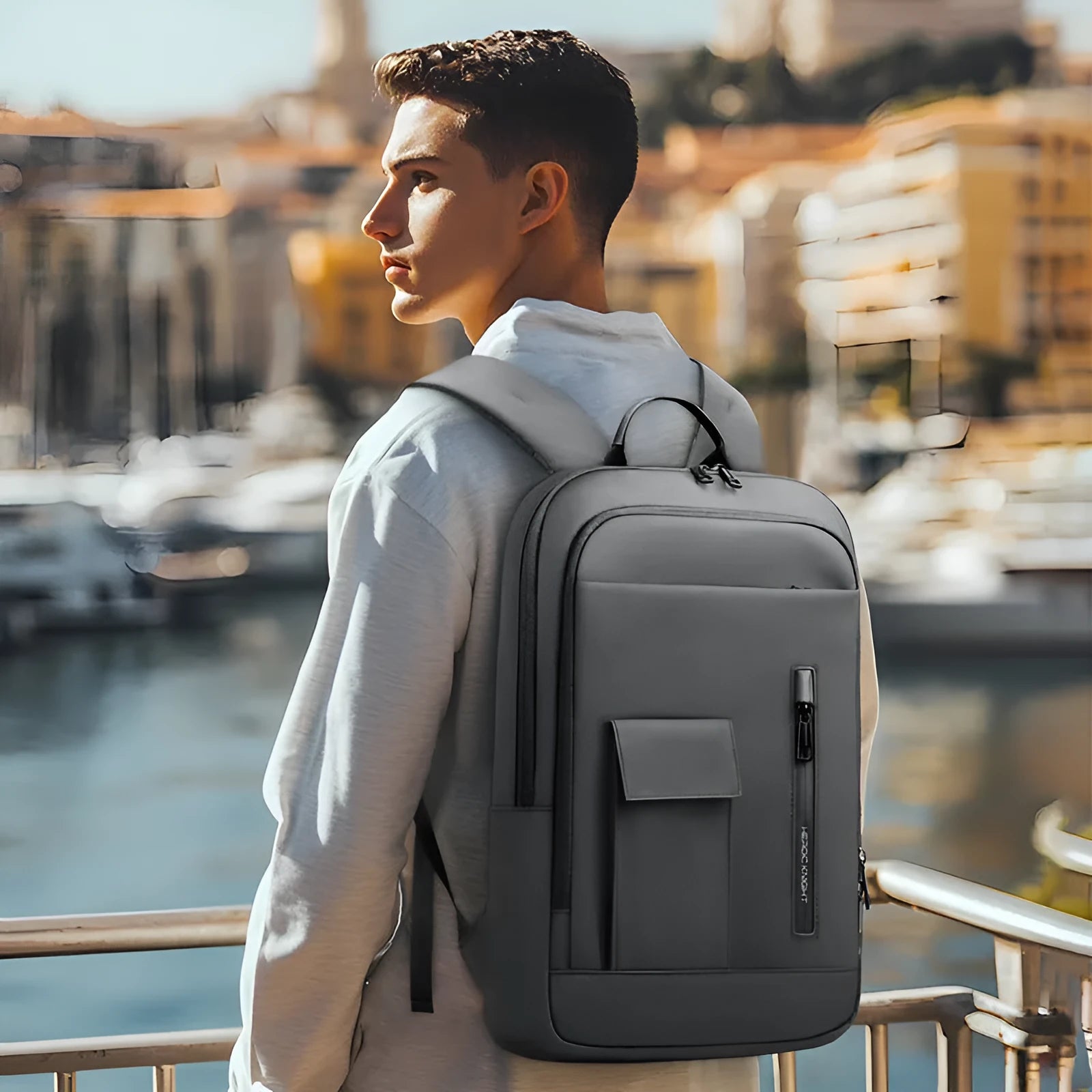 Men's lightweight Oxford cloth backpack in dark grey, olive green, blue or black for business travel and commuting