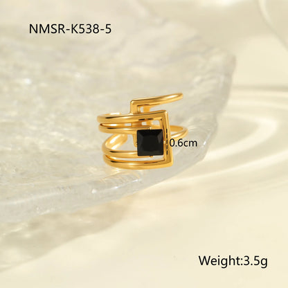 Titanium steel open mouth ring with geometric design and inlaid zircon stones for women