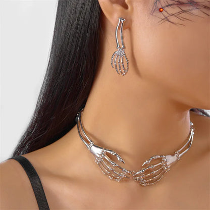 Dark style skull and ghost hand necklace and earrings set with electroplated alloy construction