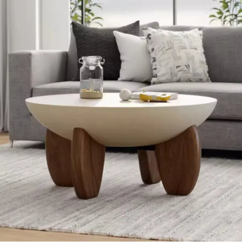 White solid wood coffee table with adjustable height and side storage compartment in living room setting
