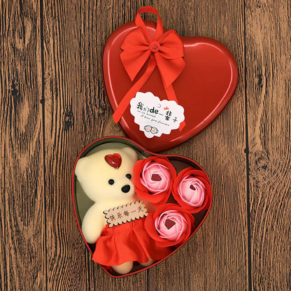 Handmade soap flower gift box in red heart-shaped tin with three blooms and bear, 12x12x5 cm for Valentine's Day