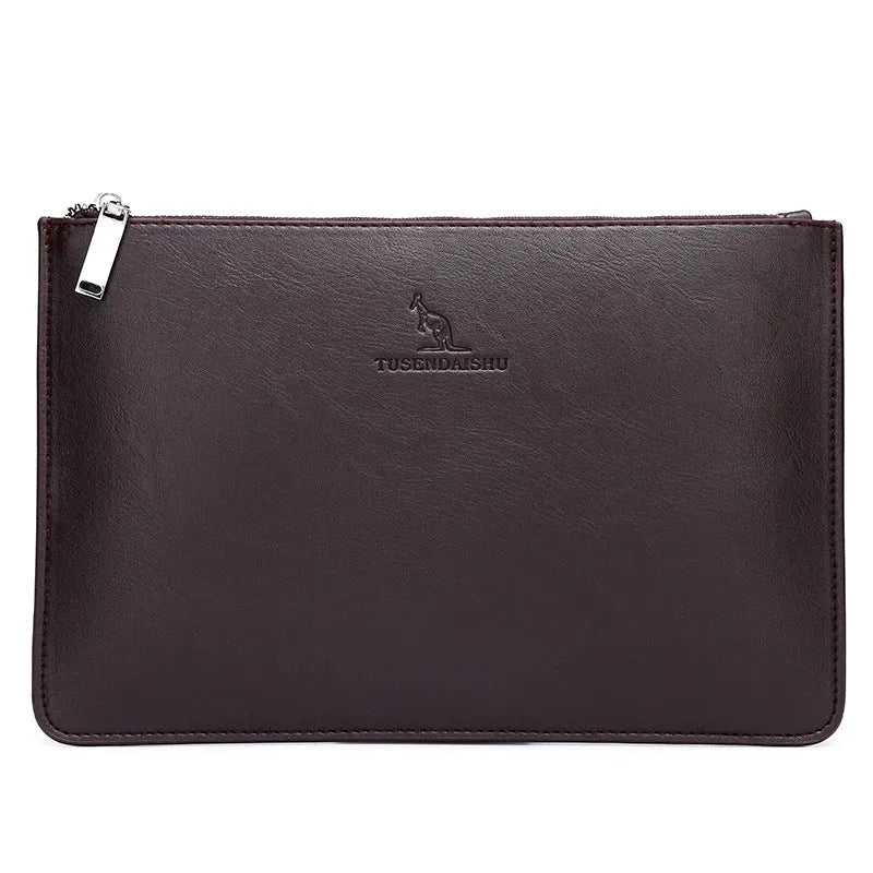 Men's black checkered PU leather clutch wallet open, showing six card slots and a central zippered pocket.