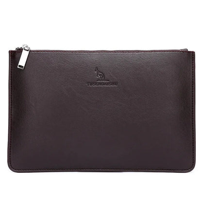 Men's black checkered PU leather clutch wallet open, showing six card slots and a central zippered pocket.