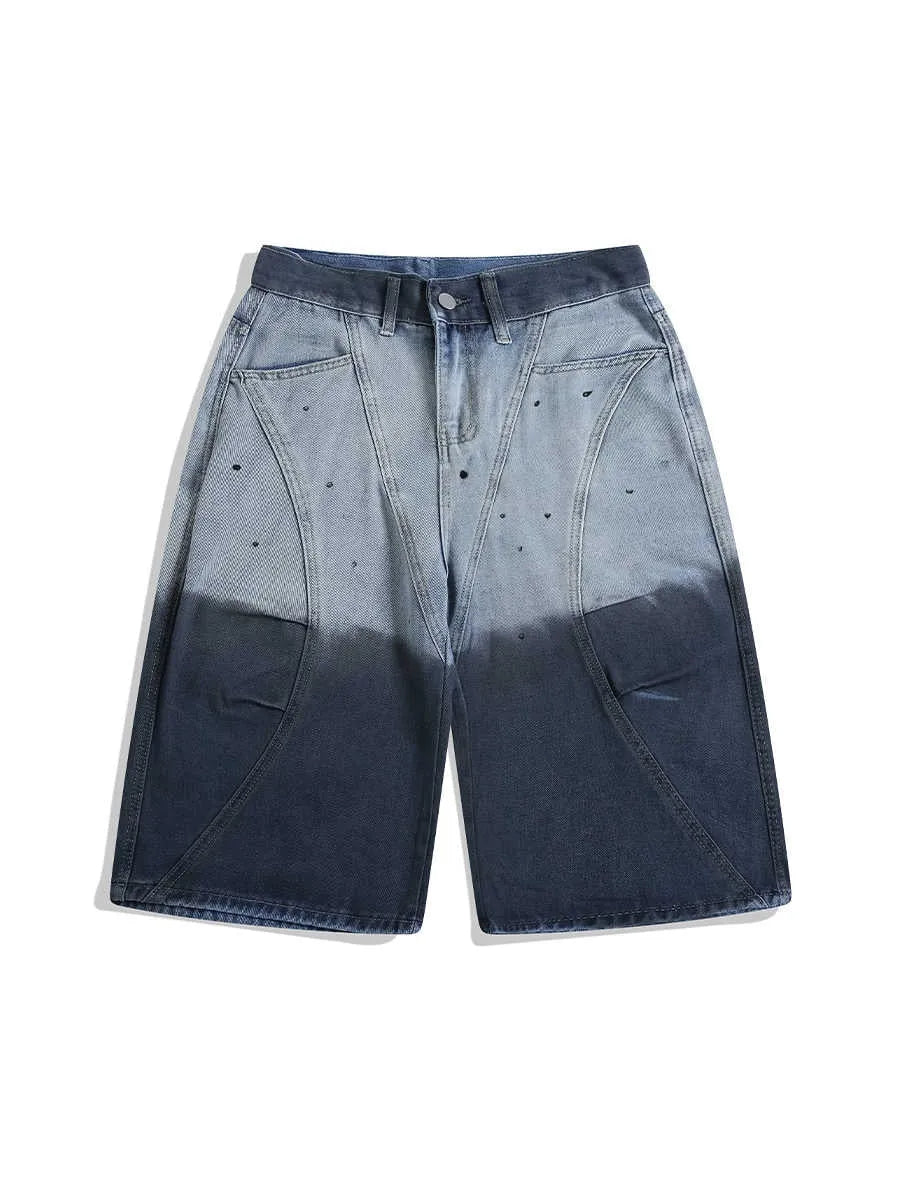 Blue women's cropped jeans with a loose fit, tie-dye gradient pattern, and distressed wash.