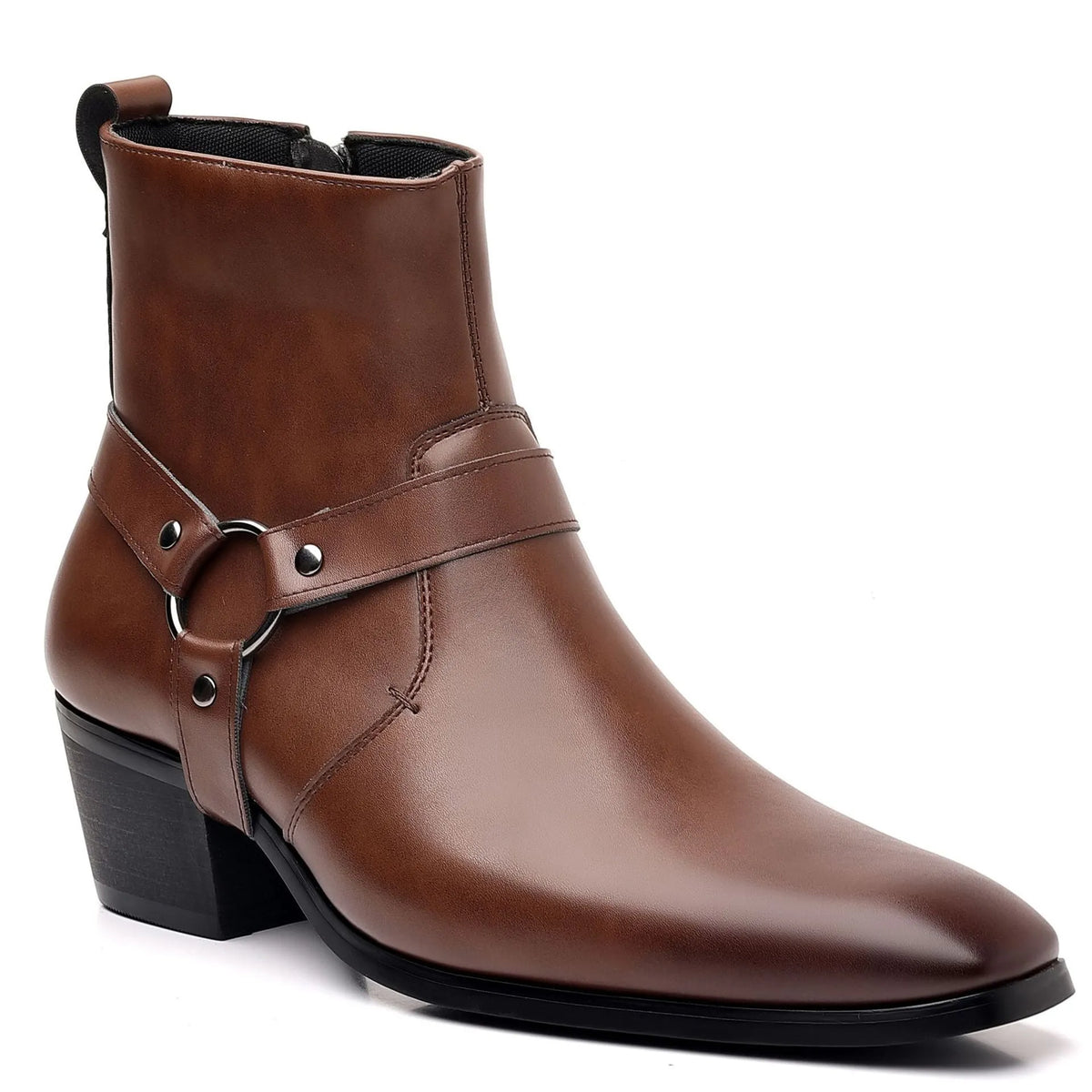 Men's and women's chain detail boots with square toe and side zipper in frosted finish