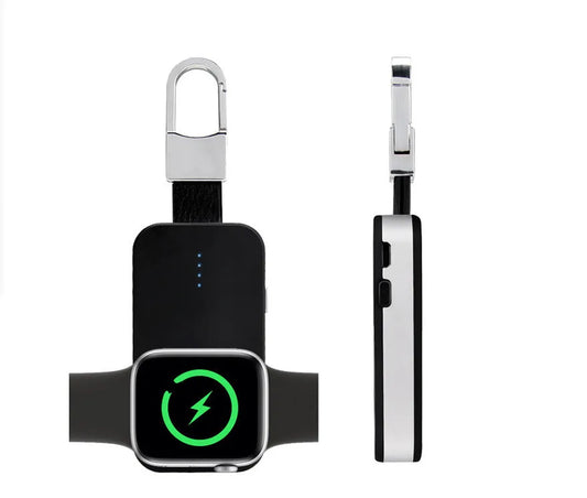 Black Apple Watch keychain charger showing 127mm length, 41mm width, with 1000mAh battery capacity