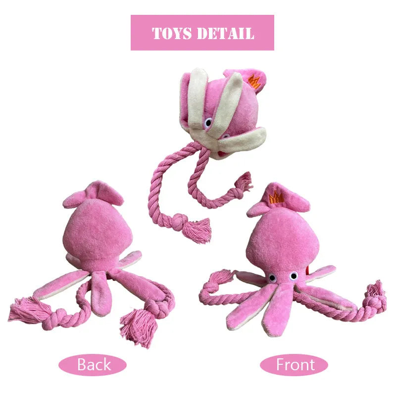 Pink squid-shaped corduroy plush dog toy with rope-like tentacles