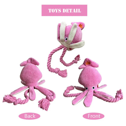 Pink squid-shaped corduroy plush dog toy with rope-like tentacles
