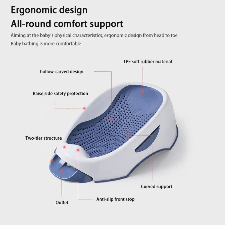 Royal blue baby bath with spine protection design measuring 66cm long with TPE soft edges