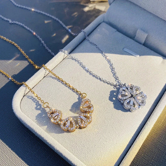 Enchanting magnetic heart-shaped four-leaf clover pendant necklace in gold, silver, and rose gold colors