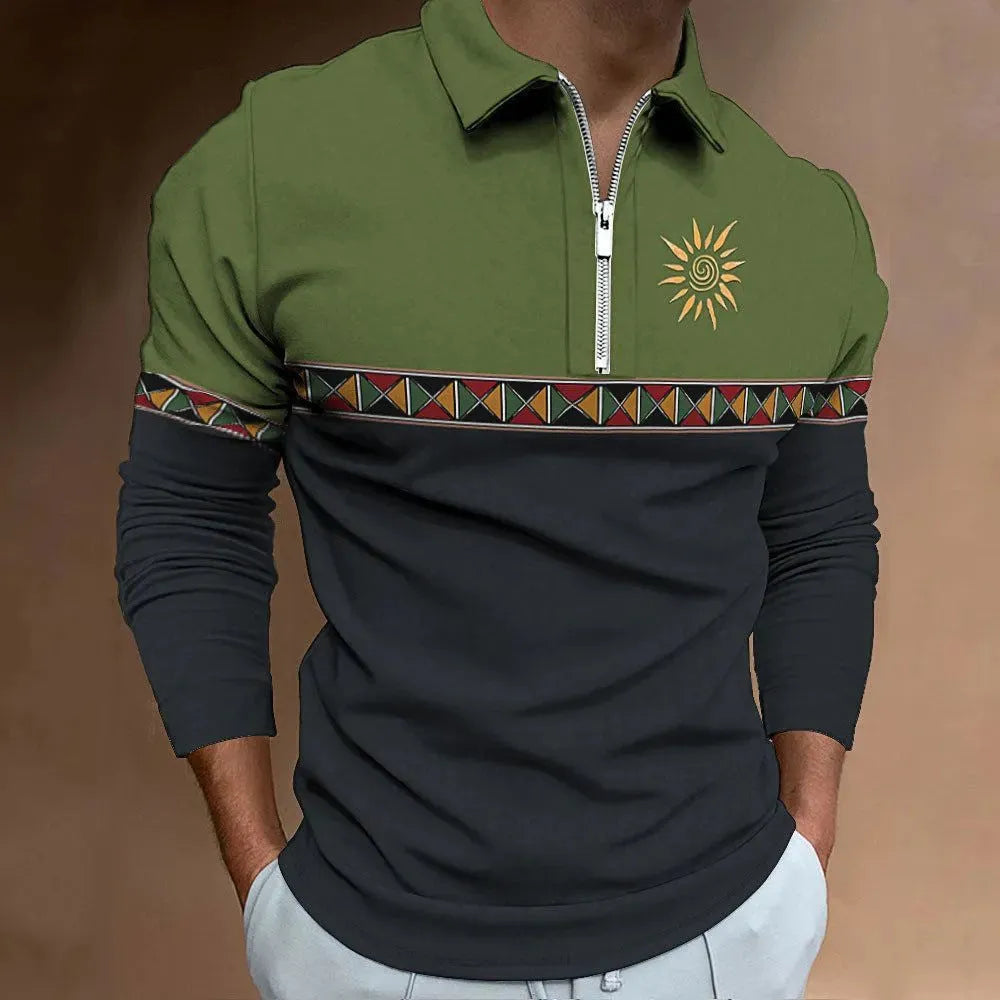 Man wearing a loose-fit long sleeve polo shirt with retro colour printing and a zip detail on the chest.