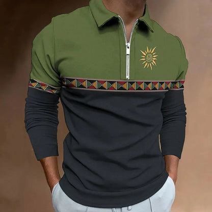 Man wearing a loose-fit long sleeve polo shirt with retro colour printing and a zip detail on the chest.