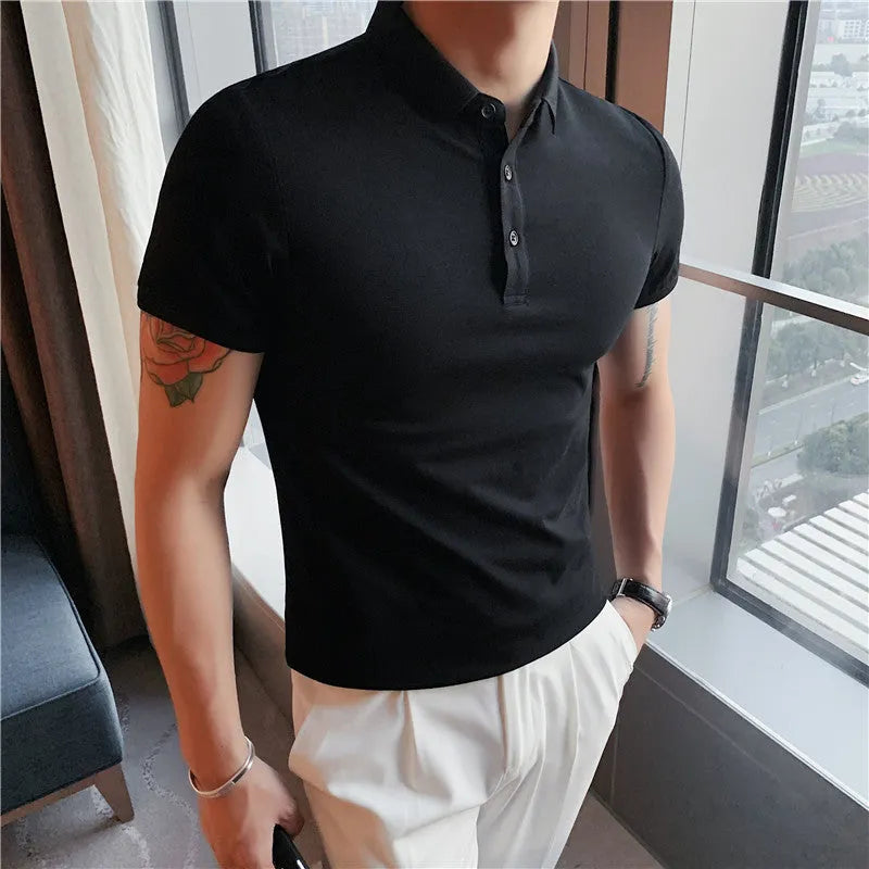 Solid colour cotton blend polo shirt with lapel collar and short sleeves in Korean style fit