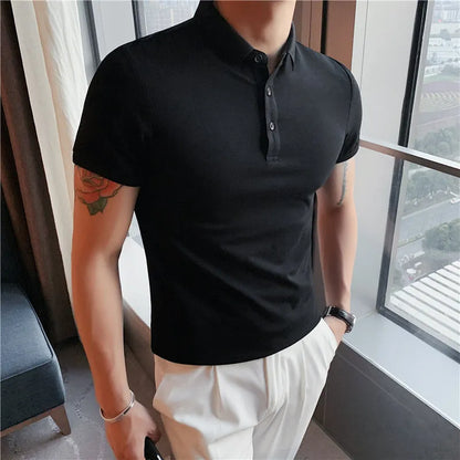 Solid colour cotton blend polo shirt with lapel collar and short sleeves in Korean style fit