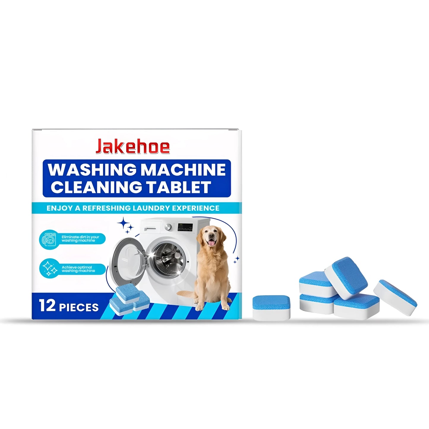 A pack of 12 white washing machine cleaning tablets for limescale and odour removal.