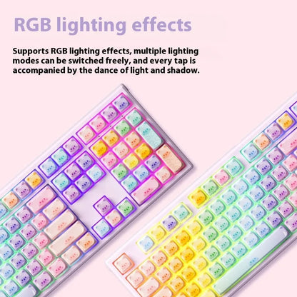 Coloured sugar cat themed Bluetooth mechanical keyboard with 108 keys on a desk.