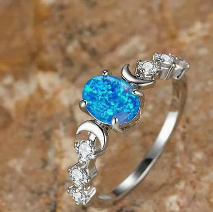 New Love Moon Three Claw Ring in platinum white opal and rose gold white opal