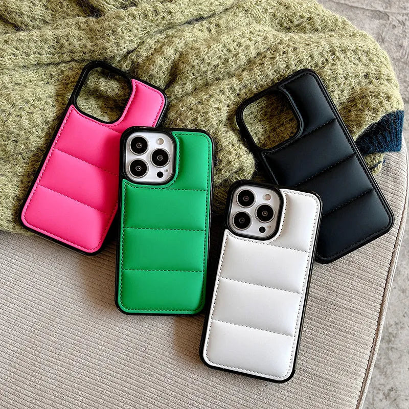 Candy down jacket shape IPhone case in selected colour showing TPU and PC construction