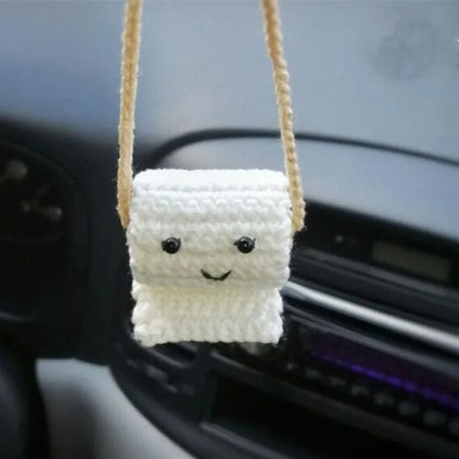 Soft, hand-woven plush car hanging ornament in a cartoon character design.