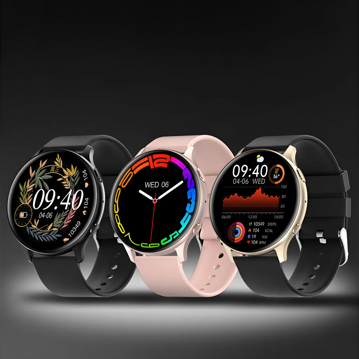 Smart watch with Bluetooth call, 1.32in TFT screen, silicone strap, magnetic charging cable, Black Gold Pink colours