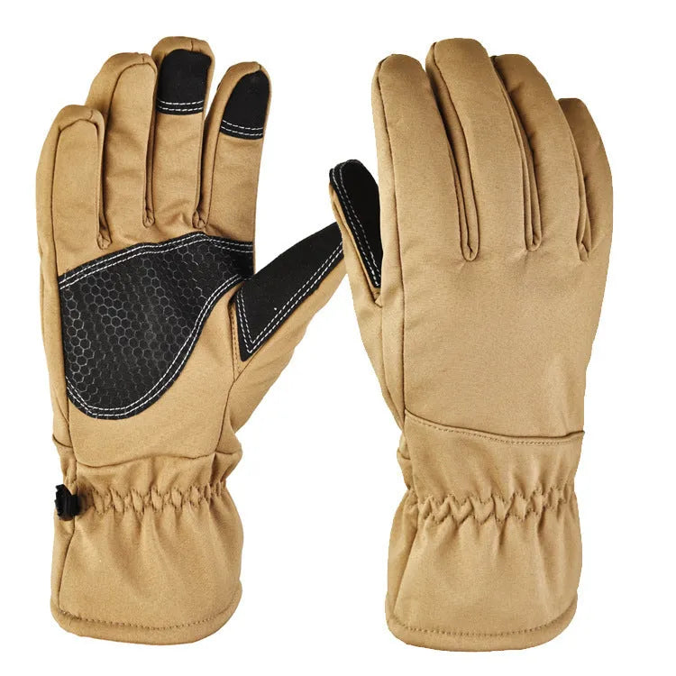 Camouflage ski gloves with touch screen fingertips and non-slip palm surface, shown in army green colour