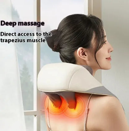 White brown rechargeable electric massager with free hands rubbing clip for neck, shoulder, waist and back, three gear settings and timing function