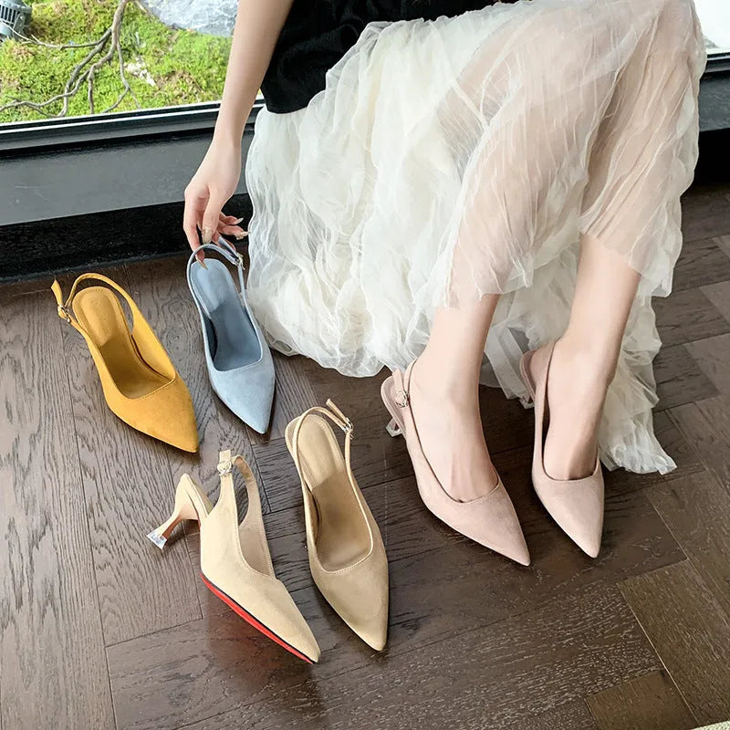 Apricot suede women's pointed-toe stiletto high heels on a plain background.