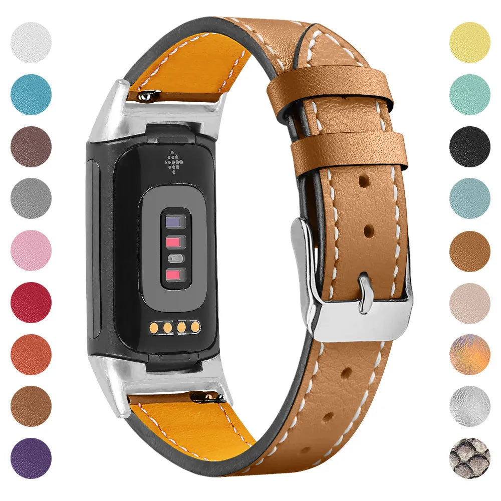 Genuine leather strap for Fitbit charge5 and charge6 in selected colour with adjustable buckle showing 5.5-8.1 inch length