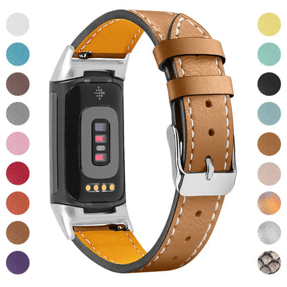 Genuine leather strap for Fitbit charge5 and charge6 in selected colour with adjustable buckle showing 5.5-8.1 inch length