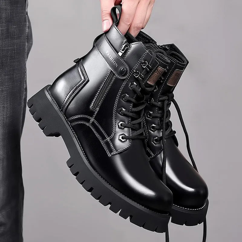 Men's light brown high-top Martin boots with side zipper and thick rubber sole on a wooden floor