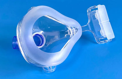 Transparent silicone CPAP breathing mask with headband and adapter elbows for ventilator connection