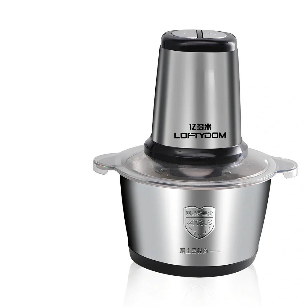 Stainless steel electric meat grinder with 2-litre capacity and 188mm by 265mm dimensions