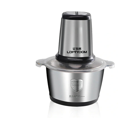 Stainless steel electric meat grinder with 2-litre capacity and 188mm by 265mm dimensions