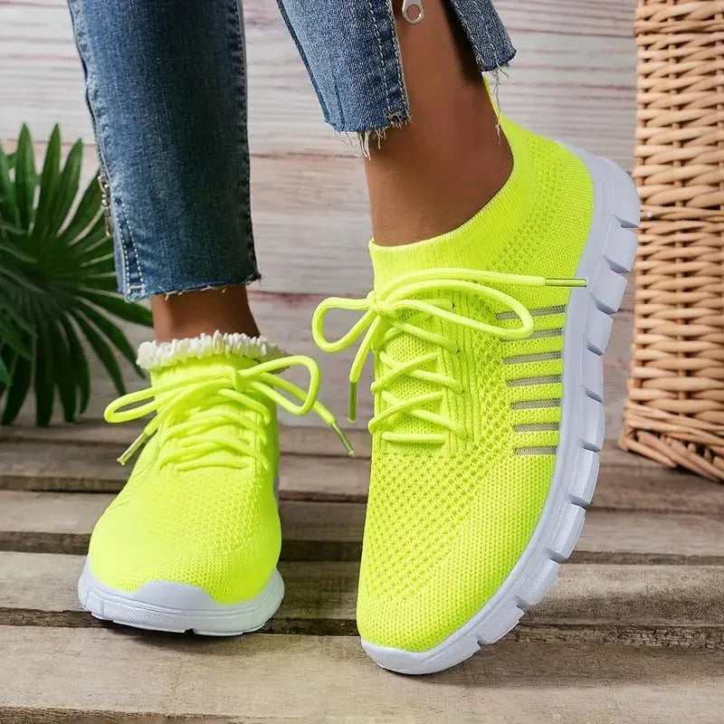 Women's casual mesh sports flat shoes with front tie design in multiple colour options