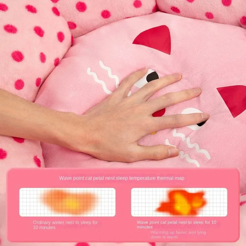 Pink dot pattern fabric cat bed shown in two size options: 45cm and 65cm diameter.