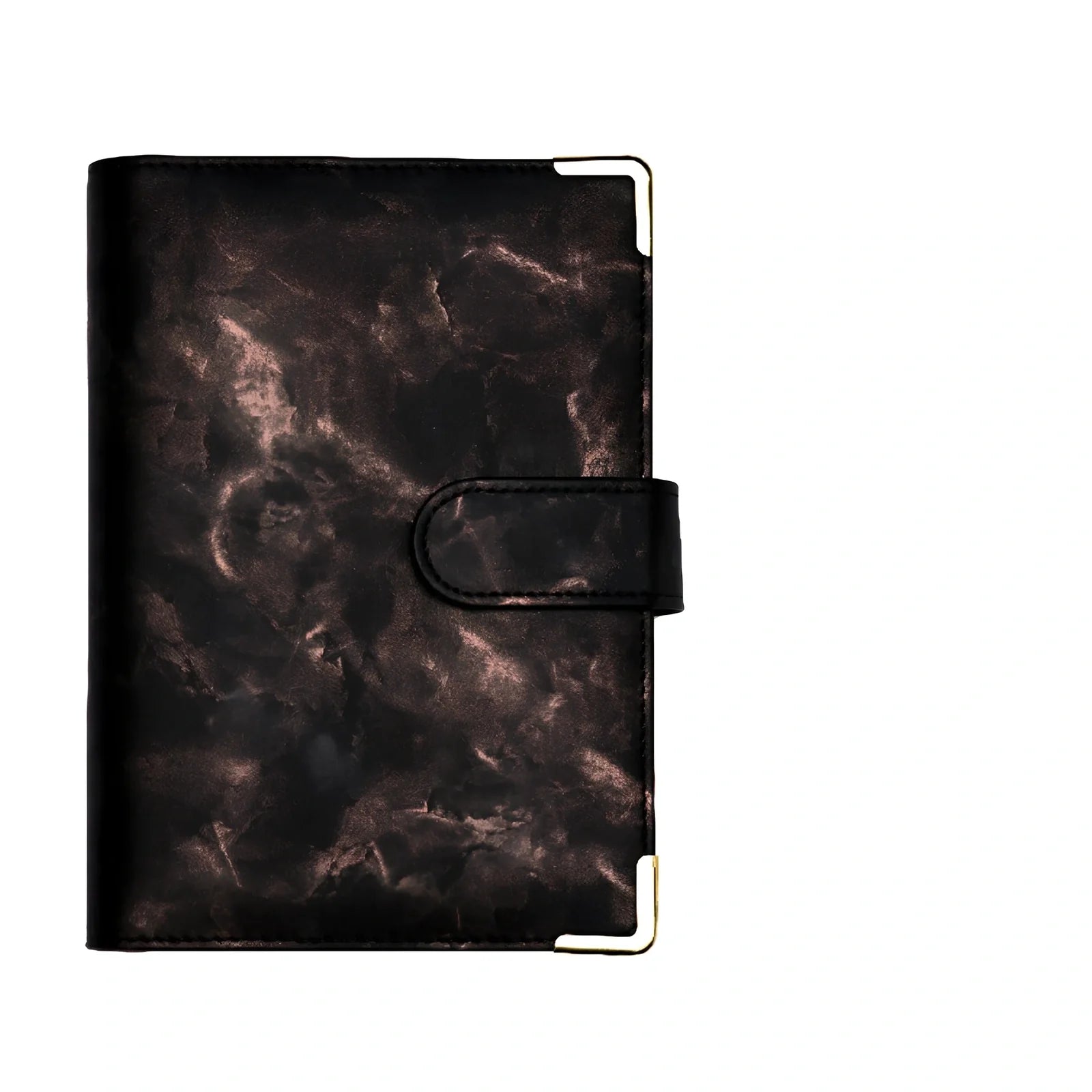 A6 leather PU binder journal open showing colour budget sheets and zip pockets with spiral binding