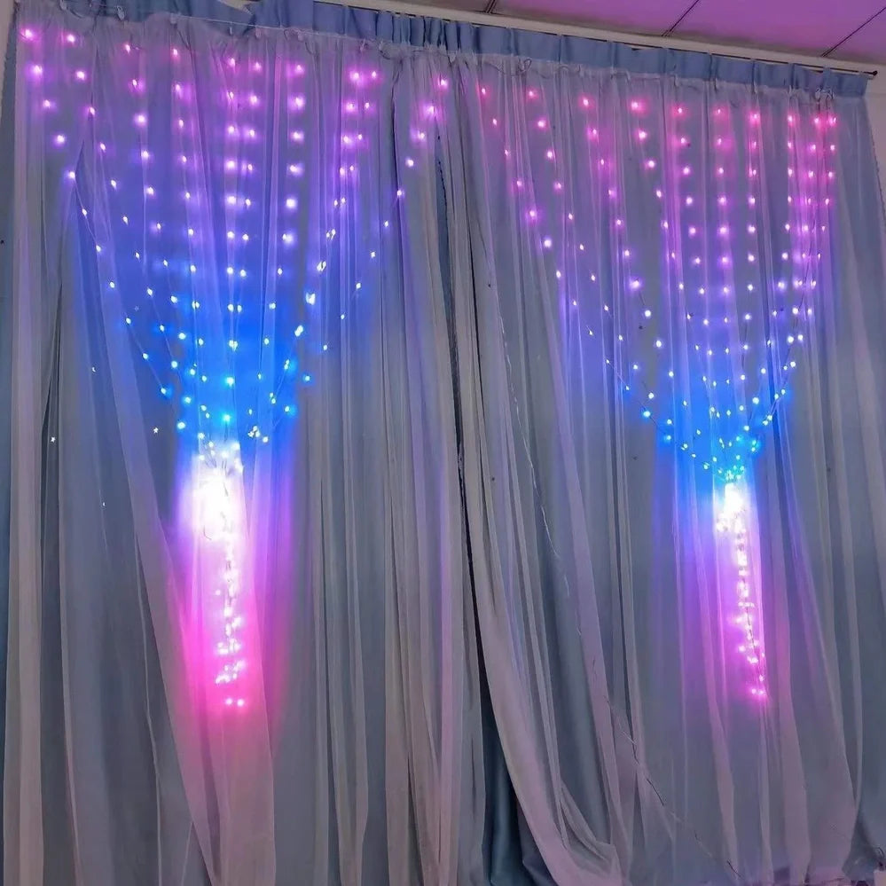 Programmable LED curtain light with Bluetooth app control showing 400 individual lights in curtain formation
