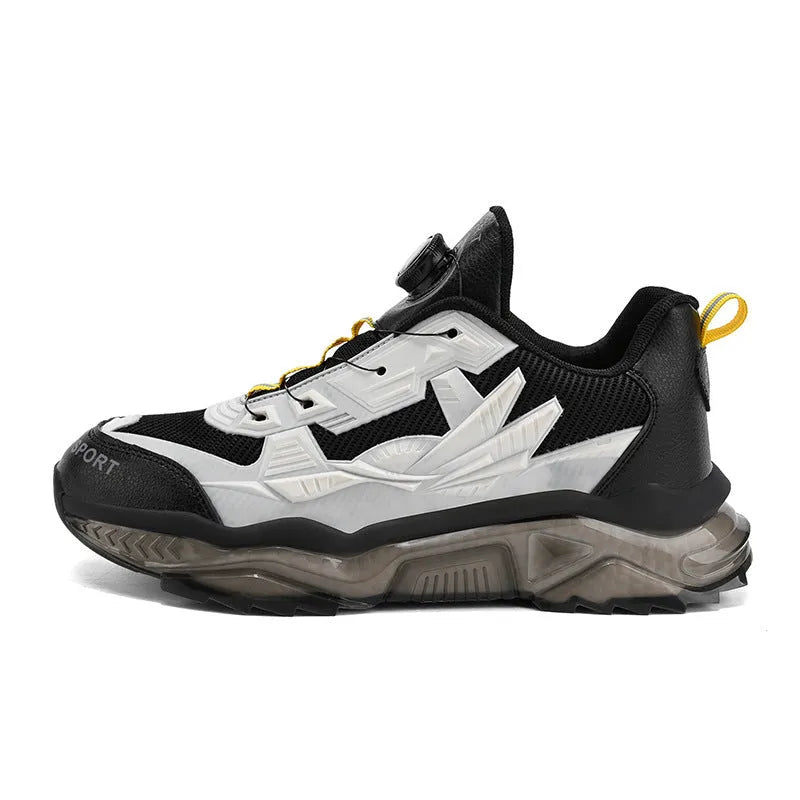 Men's black mesh dad shoes with rotating button detail and a low platform sole