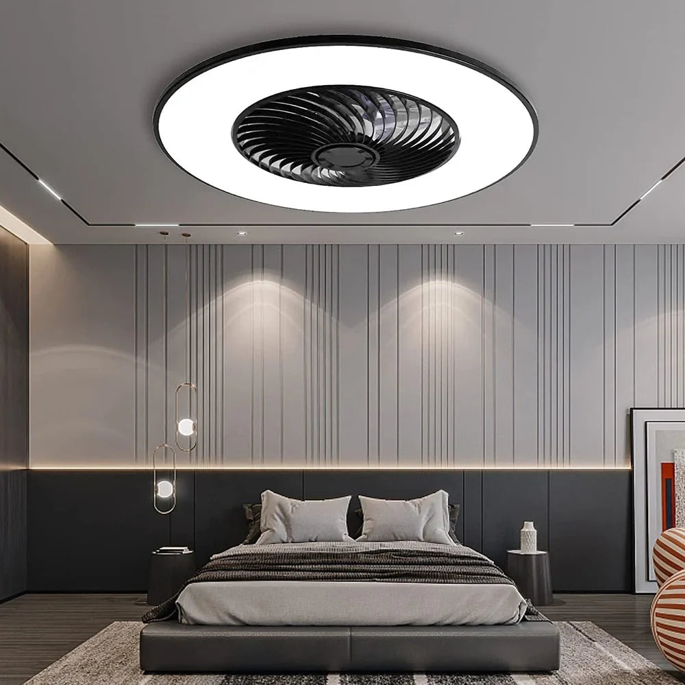 Smart ceiling fan light with invisible blades and LED lighting in white finish