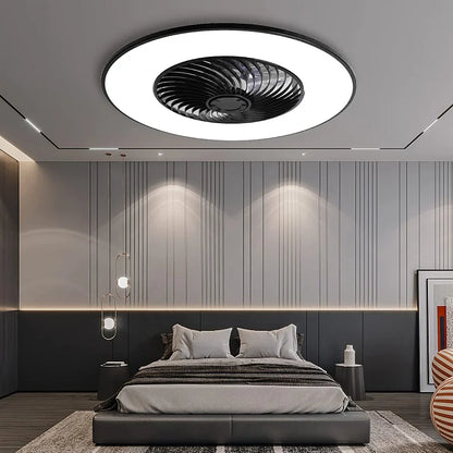 Smart ceiling fan light with invisible blades and LED lighting in white finish