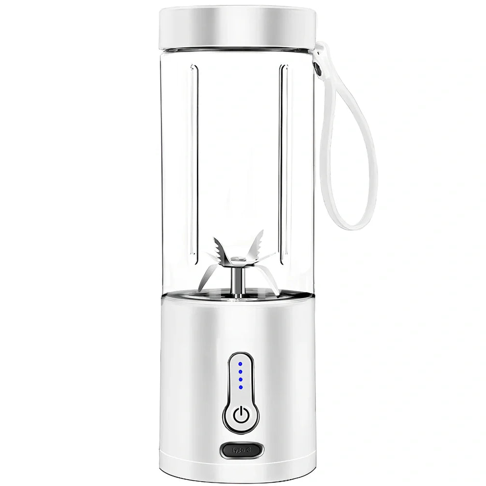 Black portable juicer with 530ml cup, USB charging port, and round feeding port for whole fruits