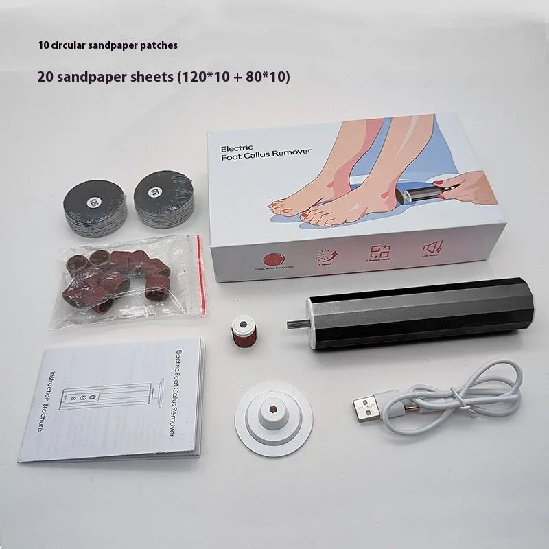 USB-powered electric callus remover and foot file device with grinding pads, in black, pink, or purple, presented in a gift box.