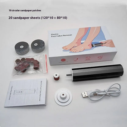 USB-powered electric callus remover and foot file device with grinding pads, in black, pink, or purple, presented in a gift box.
